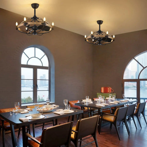 Dining room with Industrial Caged Ceiling Fan With Lights And Remote Dope Black Eight Blade Fandelier For Indoor Use