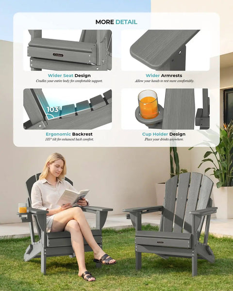Easy Fold Adirondack Chair Built For Chill Outdoor Vibes With Wood Texture Finish Weather Resistant Plastic HDPE Patio Chair For Lawn Garden Backyard Deck Grey With Cup Holder And Durable 380 Lbs Load Capacity