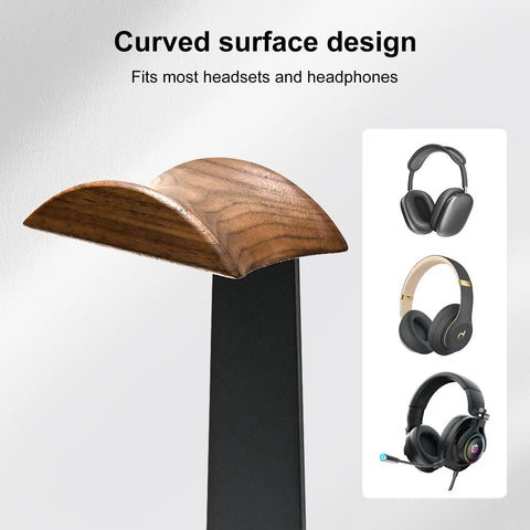 Curved surface of Walnut Wood Headset Stand With Built In Controller Holder And Storage Base For Your Desk, fits most headsets.