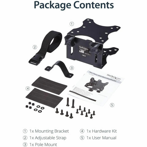 Under Desk Thin Client Mount For Mini PCs And Docking Stations VESA Bracket Fits Mac Mini And Intel NUC Adjustable shown with parts