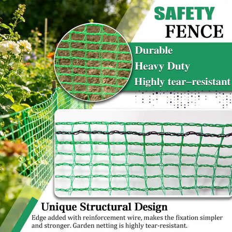 Temporary Garden Fence 4x100 Feet With 50 Zip Ties Heavy Duty Plastic Snow Fence Yard Barrier mesh close-up, green, installed