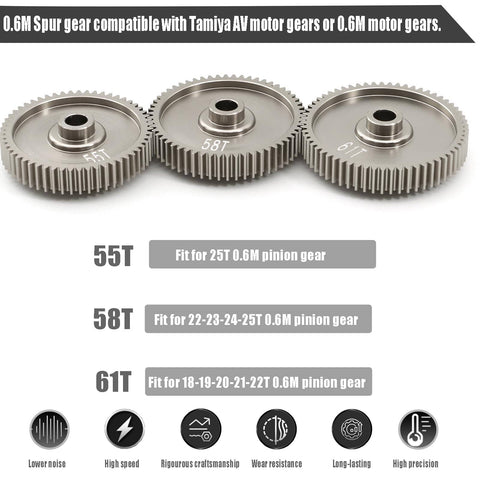 55T and 58T 0.6 Mod high speed spur gear for TT01 series RC cars replacement parts shown in aluminum CNC set