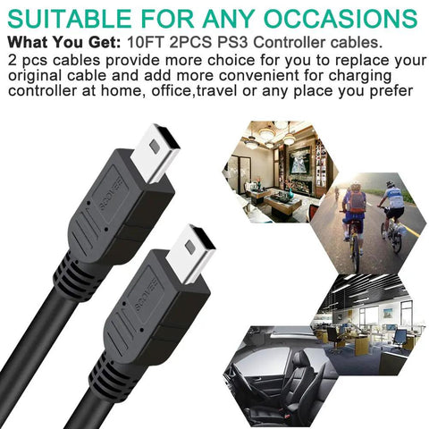 Two Pack 10 Foot PS3 Controller Charger Cable For Sony PlayStation 3 DualShock 3 displayed with various usage locations