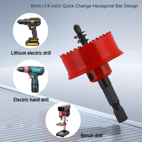 Bi-Metal Impact Hole Saw Kit With Three Saw Blades Seven-Eighths Inch, One And One-Eighth Inch, One And Three-Eighths Inch, Plus Double Ended Driver Bit, Thin Wall Circular Drill Set For Cutting Metal Wood And Plastics drill compatibility.
