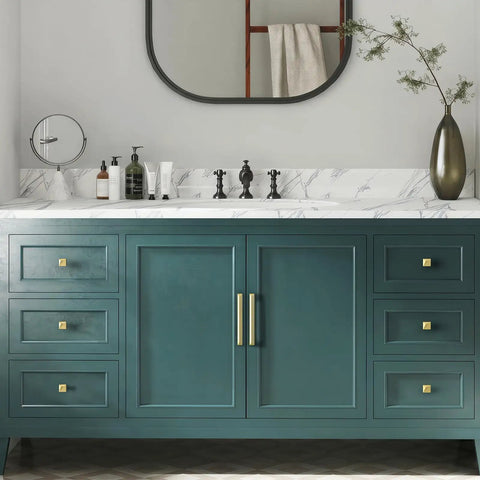 Green cabinet with 5 Pack Brushed Gold Cabinet Knobs Made From Solid Zinc Alloy, under white marble countertop.
