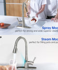 Touchless Kitchen Faucet With Pull Down Sprayer Motion Sensor Magnetic Docking Adjustable Water Flow 270 Degree Handle Rotation Brushed Nickel Finish Fits One Or Three Hole Install Water Saving Lead Free Stainless Steel in spray and stream modes