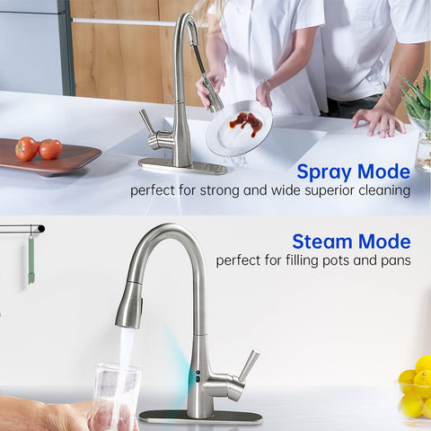Touchless Kitchen Faucet With Pull Down Sprayer Motion Sensor Magnetic Docking Adjustable Water Flow 270 Degree Handle Rotation Brushed Nickel Finish Fits One Or Three Hole Install Water Saving Lead Free Stainless Steel in spray and stream modes