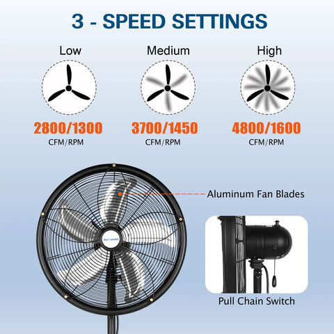 18 Inch Oscillating High Velocity Outdoor Pedestal Misting Fan With 3 Speed Settings, Adjustable Height, 120 Degree Oscillation diagram