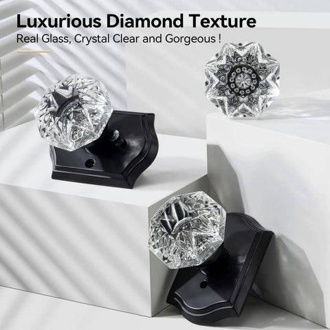 Five Pack Black Vintage Crystal Glass Door Knobs With Lock For Privacy Use Heavy Duty Zinc Alloy Backplates And Matte Finish Doorknob Set Ideal For Interior Doors Easy To Install And Durable Privacy Locking