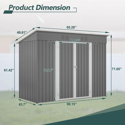 Dimensions of 8x4 Heavy Duty Steel Outdoor Storage Shed For Backyard With Double Lockable Doors And Air Vent in Gray