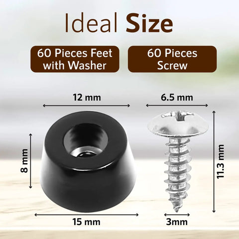 Product diagram showing dimensions of 60 Piece Grippy Rubber Feet Set For Cutting Boards And Kitchen Appliances 0.59 x 0.31 Inches With 304 Stainless Steel Screws And Washers PVC Non Slip Bumper Pads For Furniture And Home Use.
