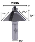 Pro Grade Heavy Duty Chamfer Router Bit 2306 With 45 Degree Bevel For Clean Edges, carbide tipped, shown with dimensions