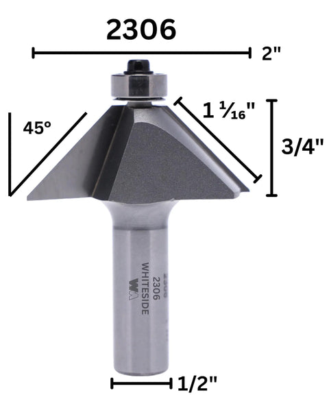 Pro Grade Heavy Duty Chamfer Router Bit 2306 With 45 Degree Bevel For Clean Edges, carbide tipped, shown with dimensions