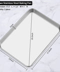 Dimensions of a stainless steel baking pan, 17.5x13x1 inches, part of 18 Inch Stainless Steel Baking Sheets Set Of 2, on marble surface.
