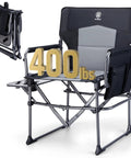 Compact Foldable Camping Directors' Chair With Side Table And Pocket in black, unfolded with 400 lbs capacity, steel frame view