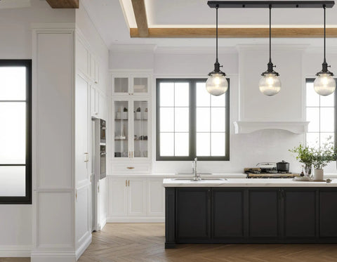 Kitchen with Three Light Linear Pendant Island Lighting With 5.9 Inch Globe Striped Glass Shades, Adjustable Height Black Long Base