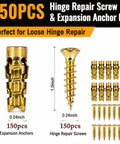 DIY Friendly Hinge Repair Kit With Screws And Expansion Anchors 6x14mm For Stripped Holes In Cabinets, Kitchen, Furniture, And Wood Doors, Gold Finish, 150 Pairs, Fast Fix For Loose Or Sagging Hinges product showing gold screws and anchors.