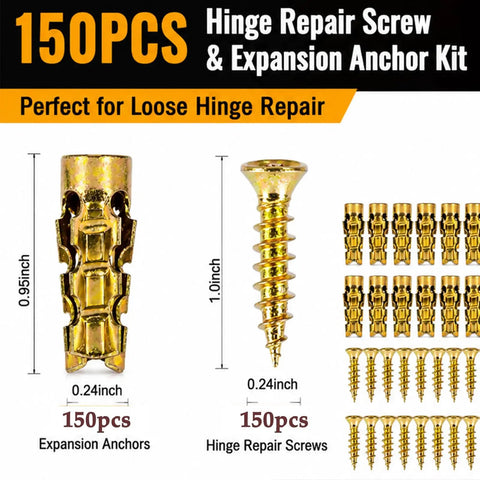 DIY Friendly Hinge Repair Kit With Screws And Expansion Anchors 6x14mm For Stripped Holes In Cabinets, Kitchen, Furniture, And Wood Doors, Gold Finish, 150 Pairs, Fast Fix For Loose Or Sagging Hinges product showing gold screws and anchors.