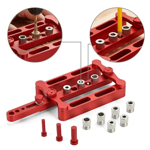 Self Centering Doweling Jig Kit For Woodworking Joinery With 6mm 8mm 10mm Dowel Holes, Steel Bushings, Adjustable Locator Tool