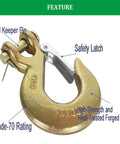 2 Pack 3/8 Inch Slip Hook With Safety Latch, G70 forged steel tow chain hook, 18,000 lbs capacity, close-up view showing details.