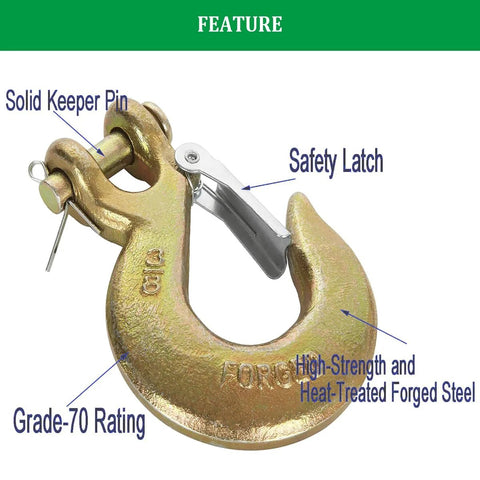 2 Pack 3/8 Inch Slip Hook With Safety Latch, G70 forged steel tow chain hook, 18,000 lbs capacity, close-up view showing details.