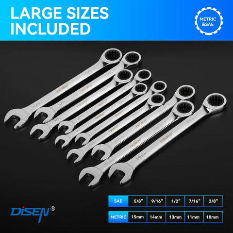10-Piece Ratcheting Wrench Set With Rack Organizer, SAE And Metric, 12-Point 72-Tooth, Premium Chrome Vanadium Steel