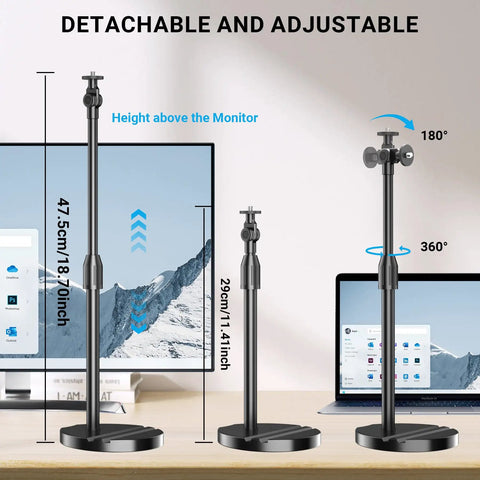 Telescopic Webcam Tripod Desk Mount With Phone Holder, Adjustable 11.4 To 18.7 Inches, shown on desk with height adjust feature.