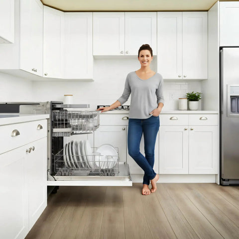 Kitchen with open dishwasher featuring Rust Resistant Dishwasher Lower Rack Wheels Replacement Pack Of 4 For Most Standard Dishwashers No Fuss Quick Install In Minutes Durable Wheel Rollers For Smooth Glide And Longer Rack Life Fits Various Models.