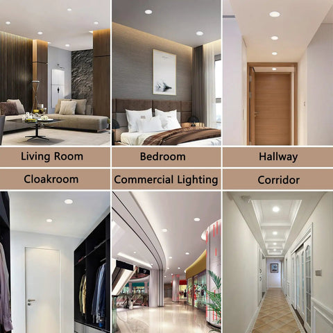 8 in IC Rated Recessed Ceiling Light, 18W 1260LM Slim Flat Panel LED Downlight in living room and bedroom settings.