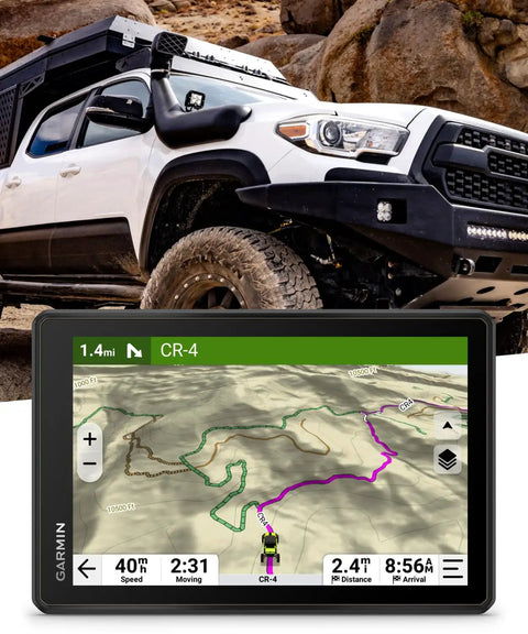 Rugged 8 Inch Off Road GPS Navigator For Off The Grid Adventures with turn-by-turn trail map display, white off-road vehicle.