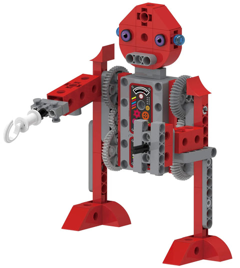 Motorized red robot model from Hands On Robot Factory STEM Kit For Kids Ages Five And Up Build Eight Motorized Robots With A Storybook Guide.