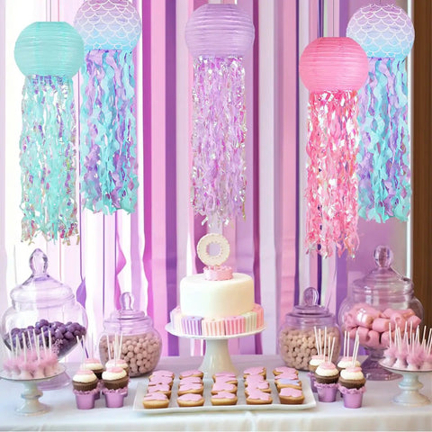 Colorful Jellyfish Paper Lanterns Set Of 6 In Pink Purple And Blue Hanging Lanterns For Mermaid Theme Under The Sea Ocean Birthday Party Decor Totally Vibrant Ocean Life Party Lighting And Backdrop Accents over dessert table
