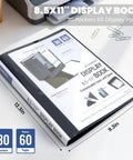 30 Pocket Portfolio Binder With 60 Pages And 8.5x11 Size displayed on a desk with dimensions and features shown