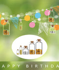 Rad Craft Supply Set Featuring 45 Mini Glass Potion Bottles With Tight Cork Stoppers And Durable Eye Hooks, decorative jars filled with colorful sequins.
