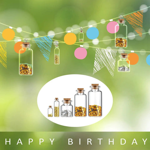 Rad Craft Supply Set Featuring 45 Mini Glass Potion Bottles With Tight Cork Stoppers And Durable Eye Hooks, decorative jars filled with colorful sequins.