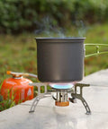Portable 3700W Camping Stove With Piezo Ignition in use with pot, Backcountry Backpacking Burner for Outdoor Cooking