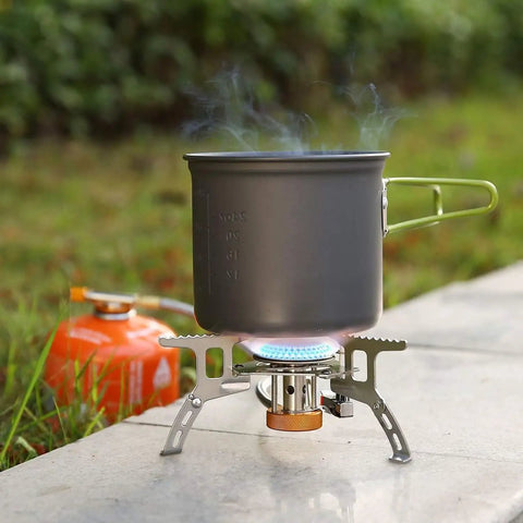 Portable 3700W Camping Stove With Piezo Ignition in use with pot, Backcountry Backpacking Burner for Outdoor Cooking