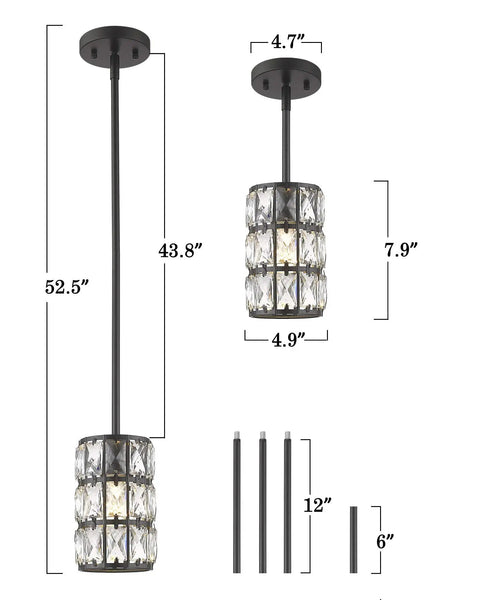 Farmhouse Crystal Pendant Light Black Finish 1 Light with adjustable rods and measurements shown for kitchen island and dining room.