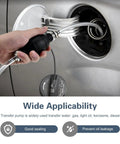 Hella Durable Handheld Fuel Transfer Pump With Leak Proof Check Valve in use, transferring fuel into a vehicle's tank.