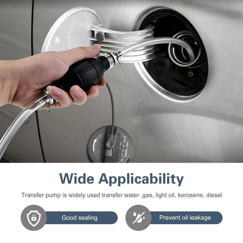 Hella Durable Handheld Fuel Transfer Pump With Leak Proof Check Valve in use, transferring fuel into a vehicle's tank.