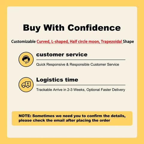 Buy with Confidence graphic showing customizable shapes and details on customer service and logistics time.
