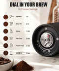Straight Up Fast Electric Burr Coffee Grinder With Heavy Duty Stainless Steel Blades Cordless Rechargeable Unit Designed For Pour Over Or Espresso Smooth Rapid Grinds Always On Point Matte Black Housing showing grind settings.