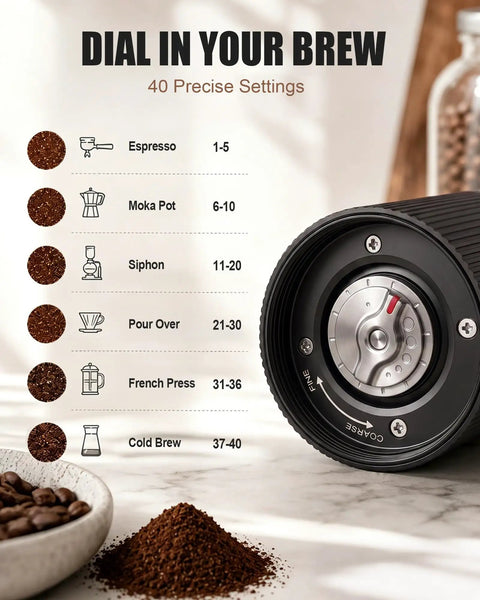 Straight Up Fast Electric Burr Coffee Grinder With Heavy Duty Stainless Steel Blades Cordless Rechargeable Unit Designed For Pour Over Or Espresso Smooth Rapid Grinds Always On Point Matte Black Housing showing grind settings.