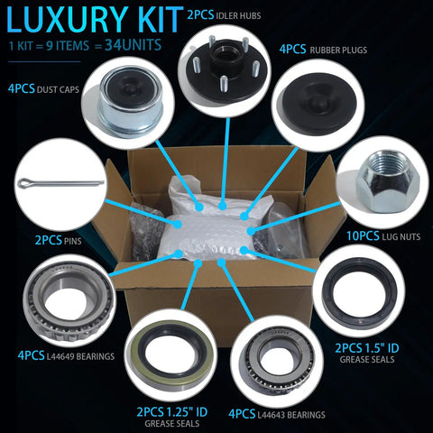Trailer Hub Kit 5 On 4.5 Inch 2000 Lb Axle 5 Lug Trailer Hub Fits 1 Inch And 1-1/16 Inch Spindles, includes components displayed on box