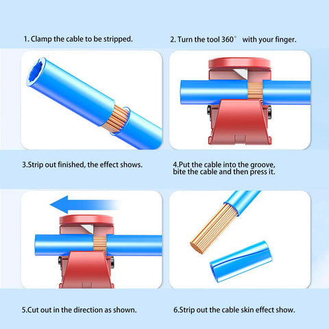 Lvifloae Wire Stripper Machine With Accurate Crimping 360 Degree Rotation Cutting Tool For Scrap Electrical Cable Network Connections Professional Grade Precision Work showing cable stripping steps.