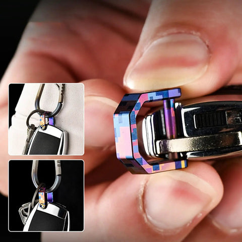 Close-up of colorful Alloy Mini Keychain Clip With Detachable Tool, durable and compact for camping gear, shown attached to a keychain.