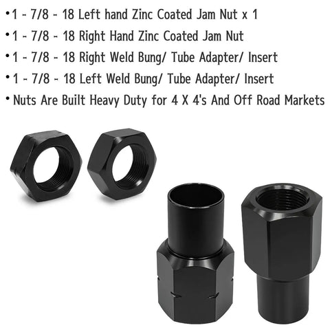 Trail Ready Heavy Duty 7/8 By 18 Jam Nut Kit With Left And Right Weld Bung Adapters For Four Link Suspension Rod Ends Off Road Rig Builders Built Like A Tank Zinc Coated Steel Hardware featuring nuts and adapters