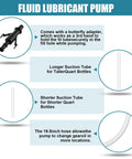 Infographic: fluid pump for standard quart bottles with 8cc stroke; shows 3rd-hand adapter and suction tubes.