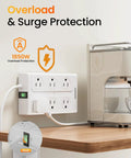 Massive Heavy Duty Surge Protector Power Strip With Twelve Roomy Outlets And Six Fast Charge USB Ports Featuring Insanely Slim Flat Plug cable on a desk.