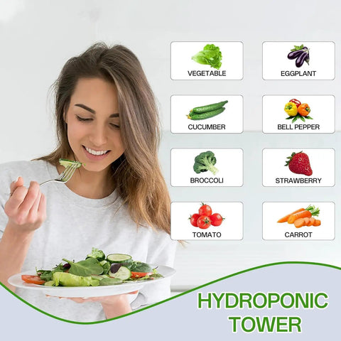 Diverse vegetables next to woman eating salad, associated with 14 Layer Vertical Hydroponic Garden System Kit With 70 Slots.